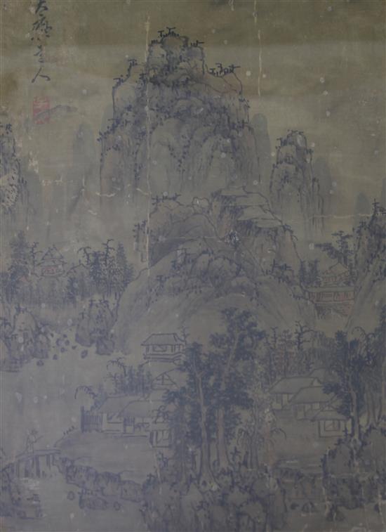 Three Chinese landscape paintings on silk, 17th - 20th century, largest 29 x 36cm.